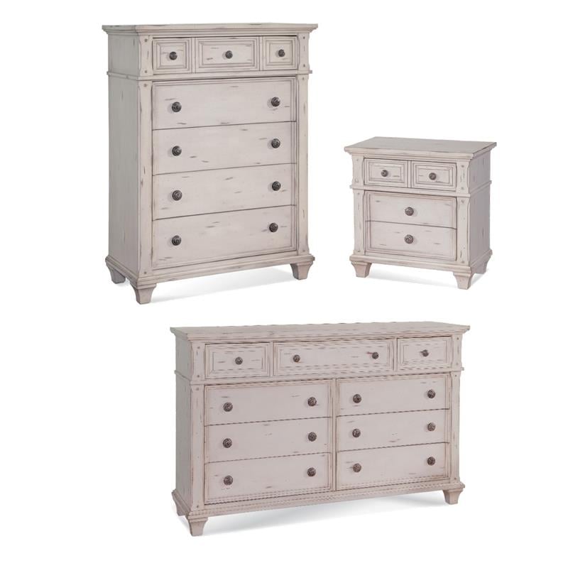 Bowery Hill Set of 3 Antique White Wood Nightstand & Chest & Dresser