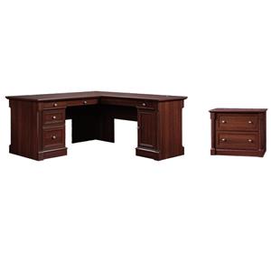 Bowery Hill Set of 2 Wood Cherry L-Shaped Computer Desk & Lateral Filing Cabinet