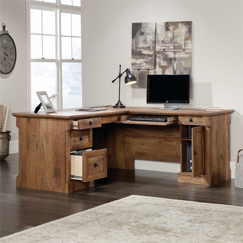 Bowery Hill Set of 2 Wood L-Shaped Computer Desk & Lateral Filing Cabinet in Oak