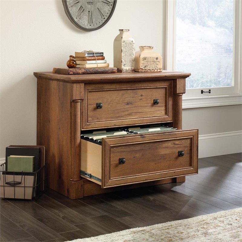 Bowery Hill Set of 2 Wood L-Shaped Computer Desk & Lateral Filing Cabinet in Oak