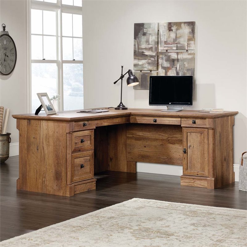 Bowery Hill Set of 2 Wood L-Shaped Computer Desk & Lateral Filing Cabinet in Oak