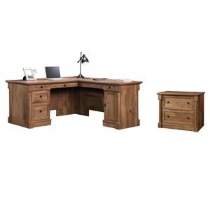 Bowery Hill Set of 2 Wood L-Shaped Computer Desk & Lateral Filing Cabinet in Oak