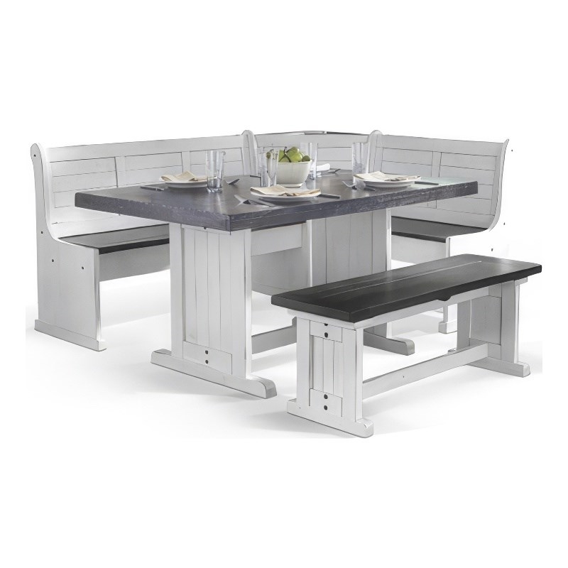 Bowery Hill 4pc Breakfast Nook Set - Dining Table & Benches in White & Brown