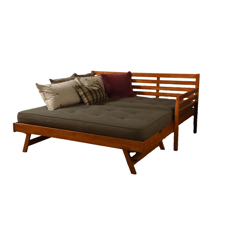 Bowery Hill Boho Wood Daybed/Pop Up in Barbados Brown w/ Linen Mattresses