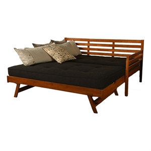 Bowery Hill Boho Wood Daybed/Pop Up in Barbados Brown w/ Black Mattresses
