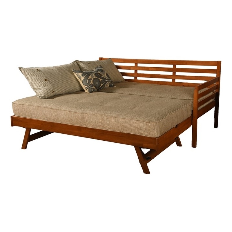 Bowery Hill Boho Wood Daybed/Pop Up in Barbados Brown w/ Brown Mattresses