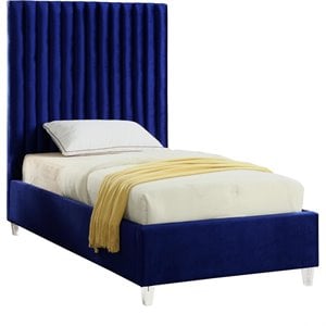 Bowery Hill Contemporary Solid Wood Tufted Velvet Twin Bed in Navy