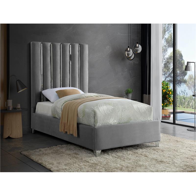 Bowery Hill Contemporary Solid Wood and Velvet Twin Bed in Gray