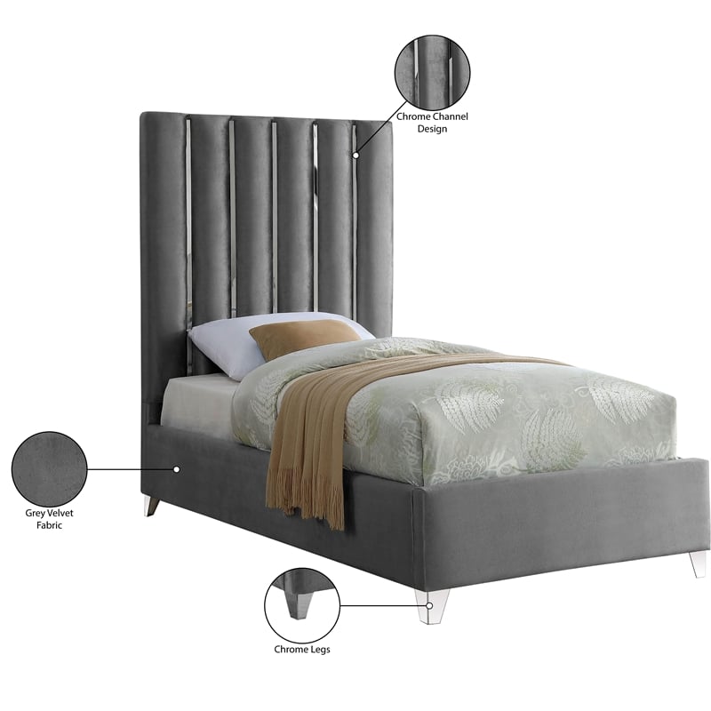 Bowery Hill Contemporary Solid Wood and Velvet Twin Bed in Gray
