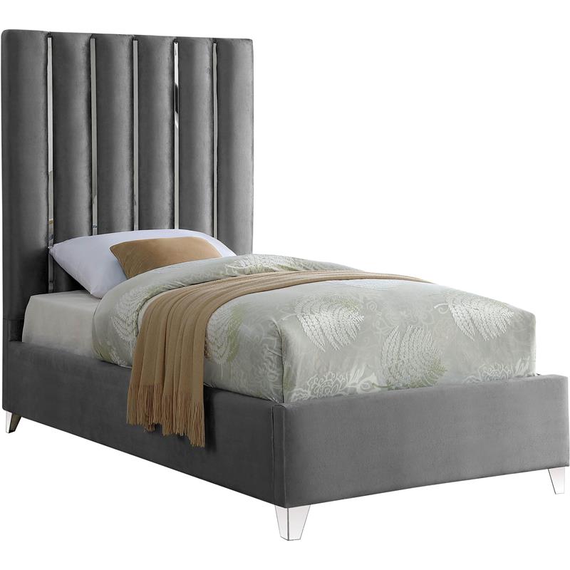 Bowery Hill Contemporary Solid Wood and Velvet Twin Bed in Gray