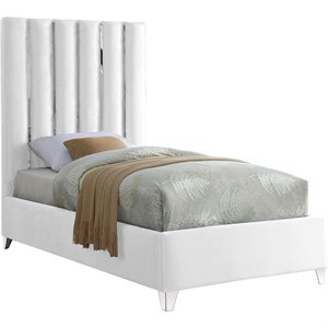 Bowery Hill Contemporary Solid Wood and Velvet Twin Bed in White