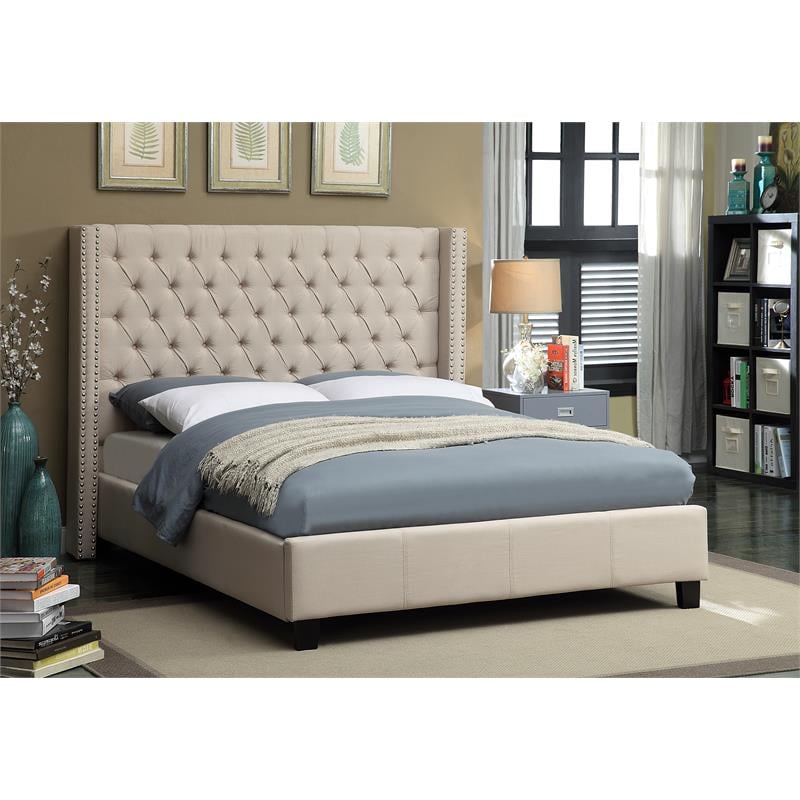 Bowery Hill Contemporary Solid Wood Linen Wing Back Full Bed in Beige