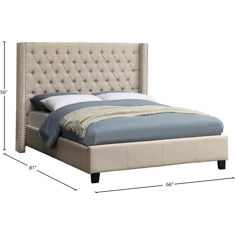 Bowery Hill Contemporary Solid Wood Linen Wing Back Full Bed in Beige