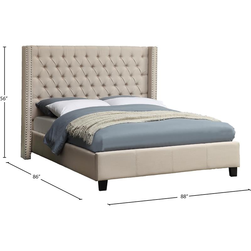 Bowery Hill Contemporary Solid Wood Linen Wing Back King Bed in Beige