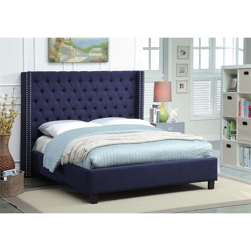 Bowery Hill Contemporary Solid Wood Linen Wing Back Full Bed in Navy