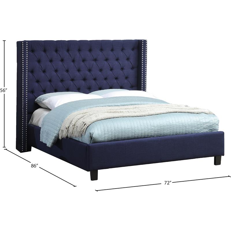 Bowery Hill Contemporary Solid Wood Linen Wing Back Queen Bed in Navy