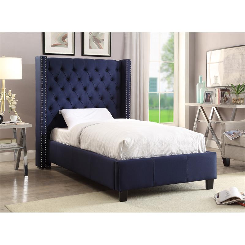 Bowery Hill Contemporary Solid Wood Linen Wing Back Twin Bed in Navy