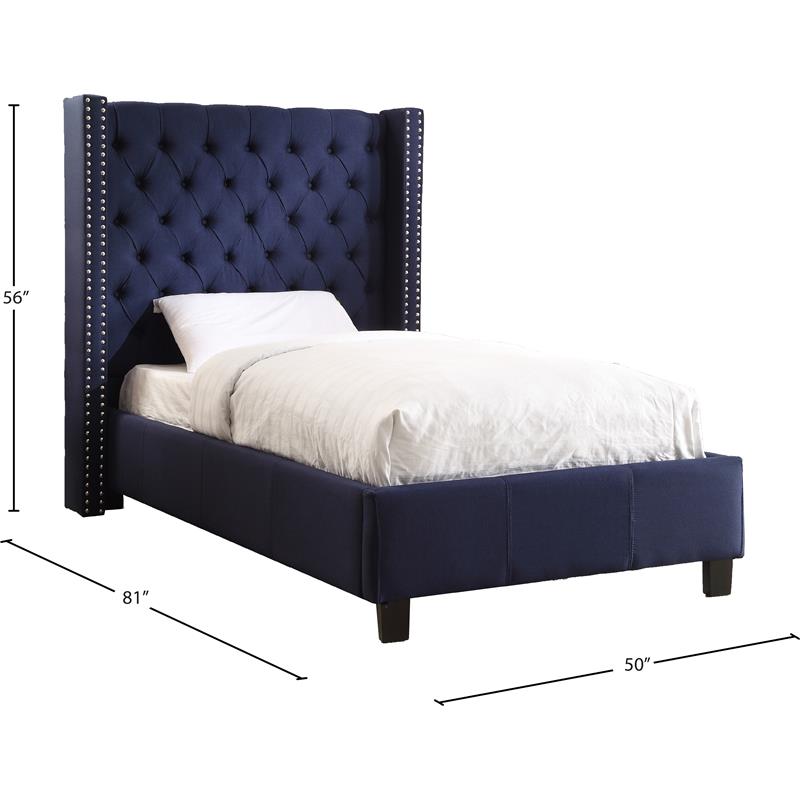 Bowery Hill Contemporary Solid Wood Linen Wing Back Twin Bed in Navy