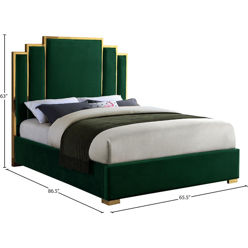 Bowery Hill Contemporary Green Velvet Queen Bed with Polished Gold Metal Frame