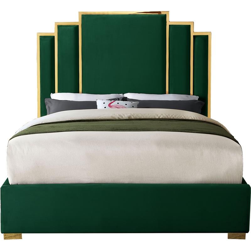 Bowery Hill Contemporary Green Velvet Queen Bed with Polished Gold Metal Frame