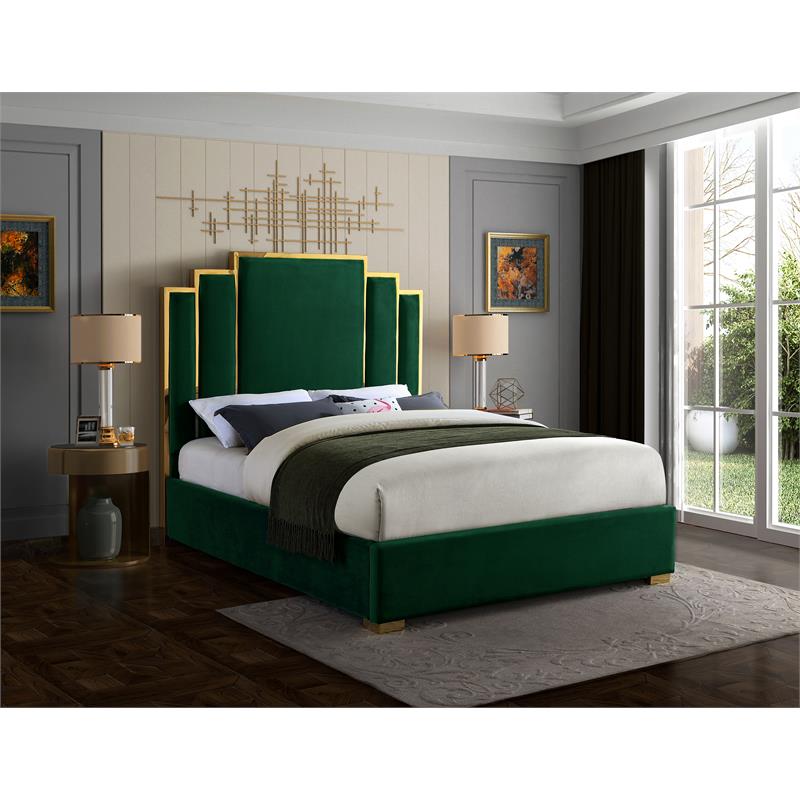 Bowery Hill Contemporary Green Velvet King Bed with Polished Gold Metal Frame