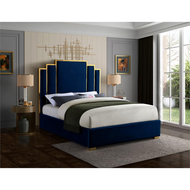 Bowery Hill Contemporary Navy Velvet King Bed with Polished Gold Metal Frame