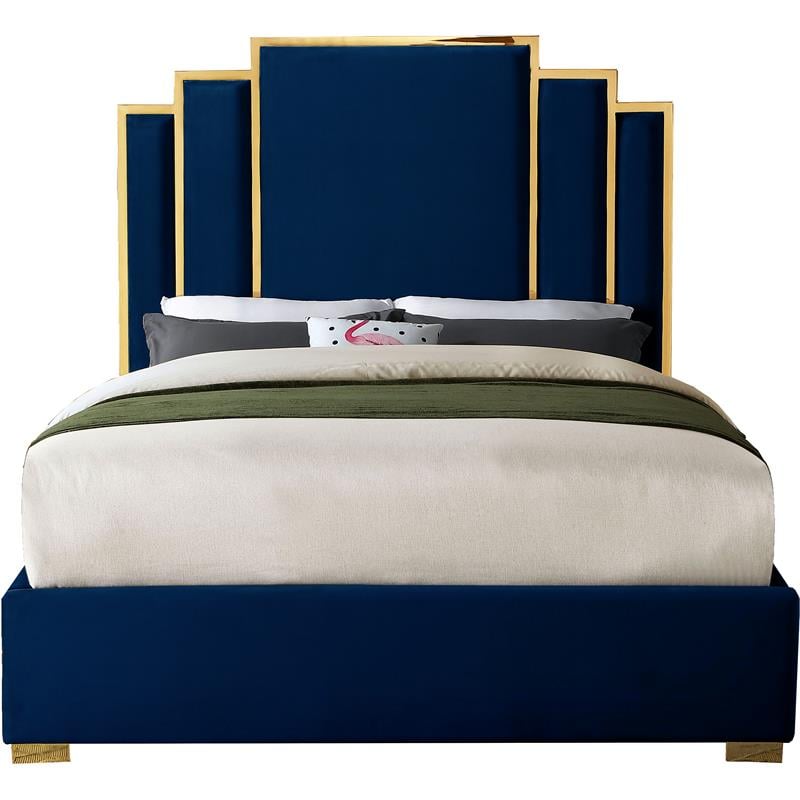 Bowery Hill Contemporary Navy Velvet King Bed with Polished Gold Metal Frame