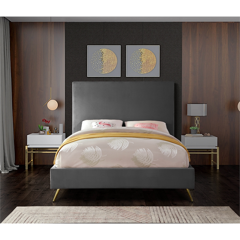 Bowery Hill Contemporary Velvet Full Bed in Gray with Gold and Chrome Legs