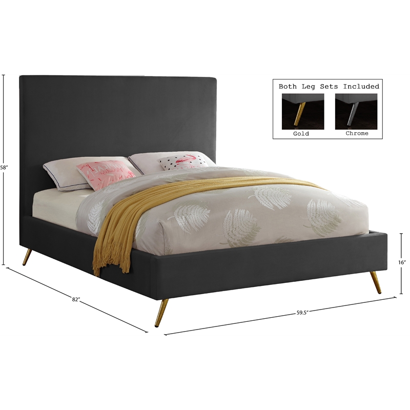 Bowery Hill Contemporary Velvet Full Bed in Gray with Gold and Chrome Legs