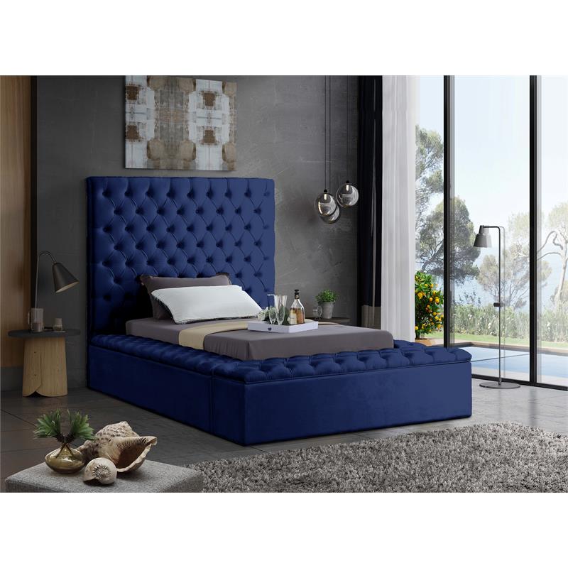 Bowery Hill Contemporary Solid Wood Tufted Velvet Twin Bed in Navy