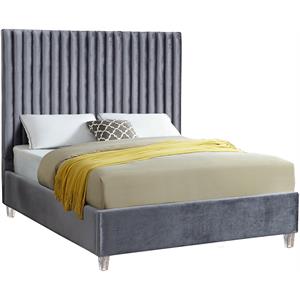 Bowery Hill Contemporary Solid Wood Tufted Velvet Queen Bed in Gray