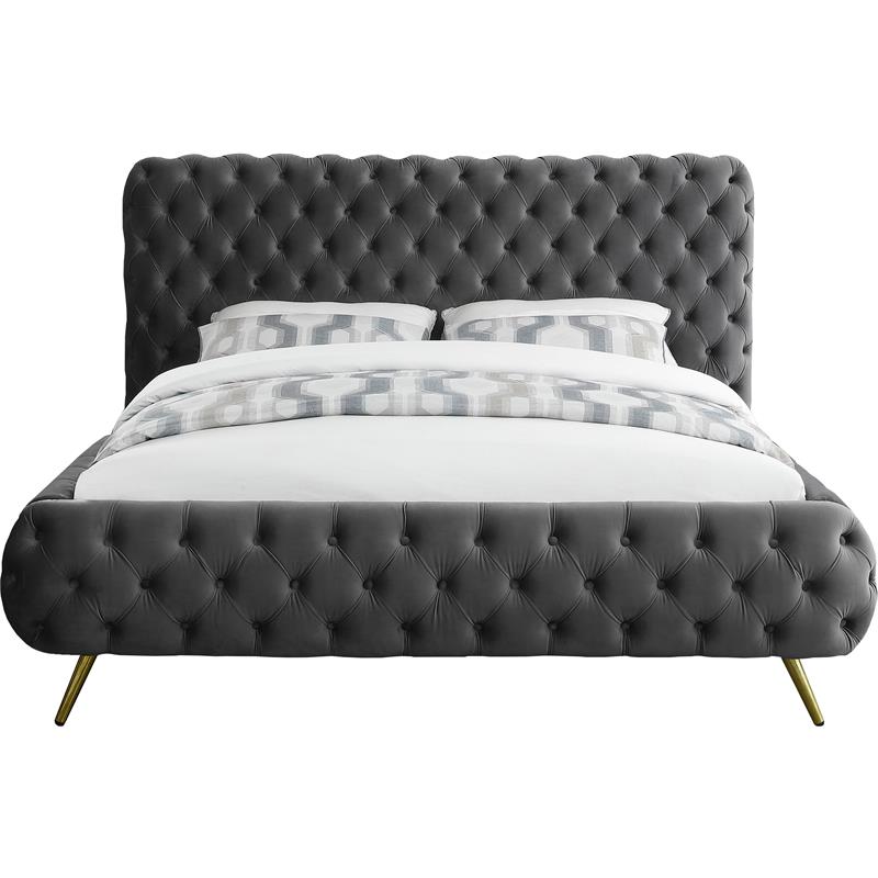 Bowery Hill Contemporary Solid Wood Tufted Velvet Queen Bed in Gray