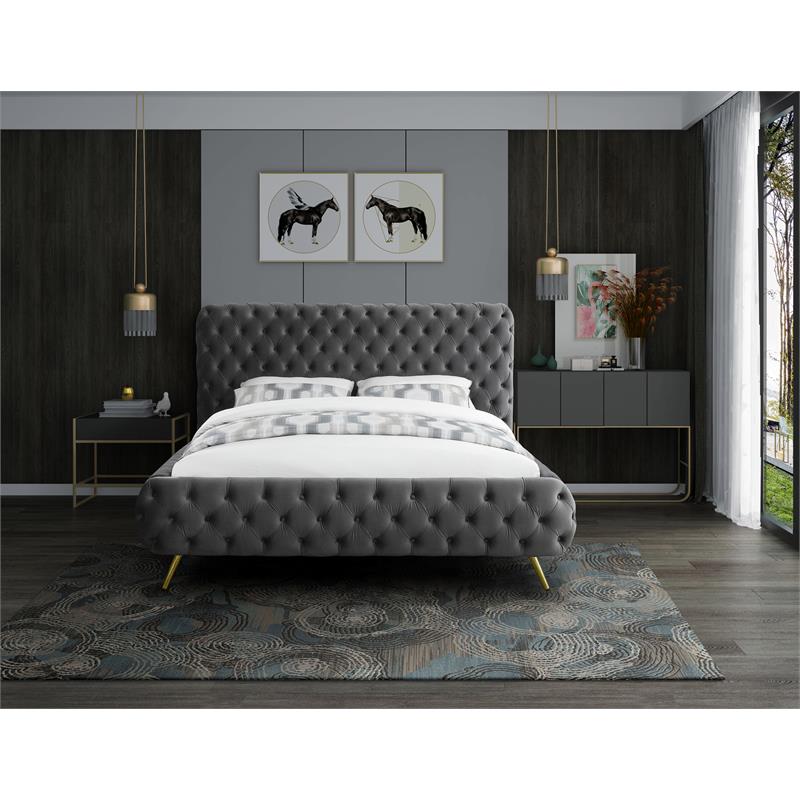 Bowery Hill Contemporary Solid Wood Tufted Velvet Queen Bed in Gray