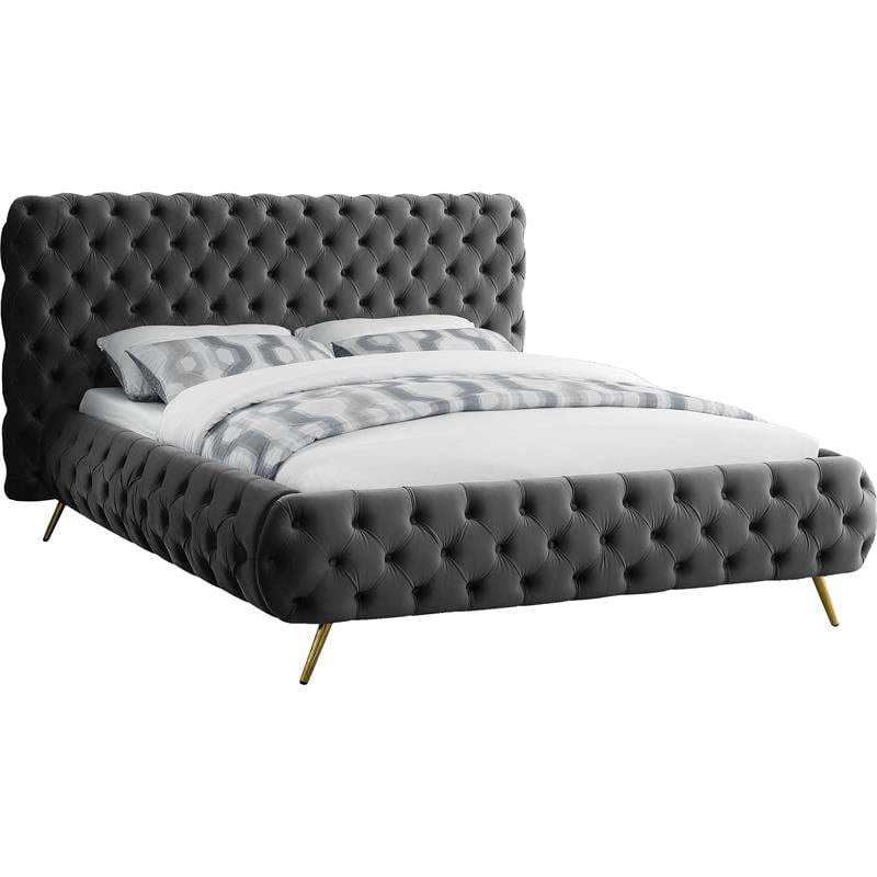 Bowery Hill Contemporary Solid Wood Tufted Velvet Queen Bed in Gray