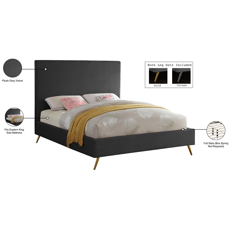 Bowery Hill Contemporary Velvet King Bed in Gray with Gold and Chrome Legs