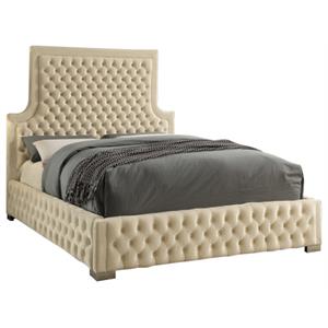 Bowery Hill Contemporary Deep Button Tufted Rich Velvet Queen Bed in Cream