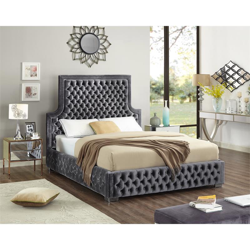 Bowery Hill Contemporary Deep Button Tufted Rich Velvet Queen Bed in Gray