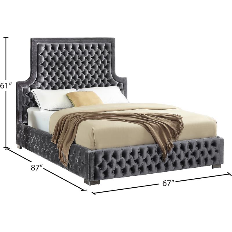 Bowery Hill Contemporary Deep Button Tufted Rich Velvet Queen Bed in Gray