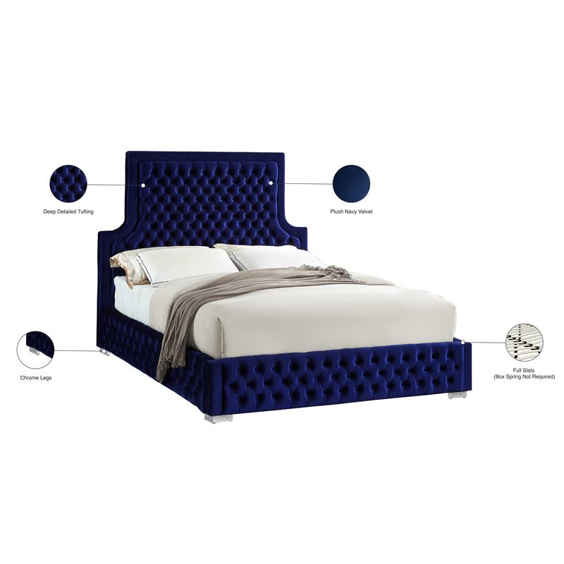 Bowery Hill Contemporary Deep Button Tufted Rich Velvet King Bed in Navy
