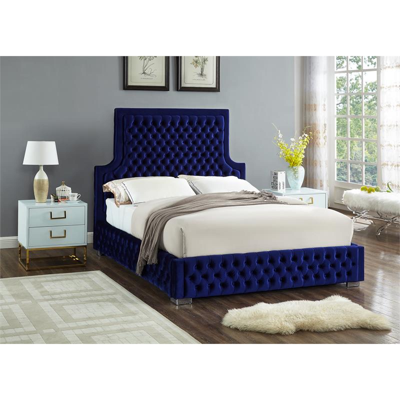Bowery Hill Contemporary Deep Button Tufted Rich Velvet Queen Bed in Navy
