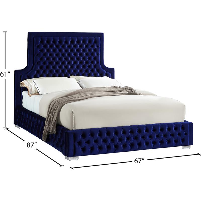 Bowery Hill Contemporary Deep Button Tufted Rich Velvet Queen Bed in Navy