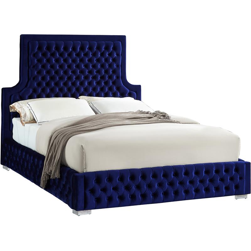 Bowery Hill Contemporary Deep Button Tufted Rich Velvet Queen Bed in Navy