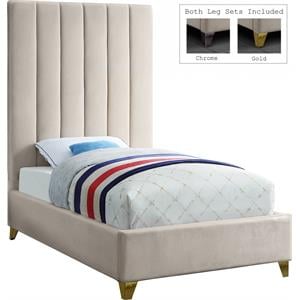 Bowery Hill Contemporary Deep Channel Tufted Rich Velvet Twin Bed in Cream