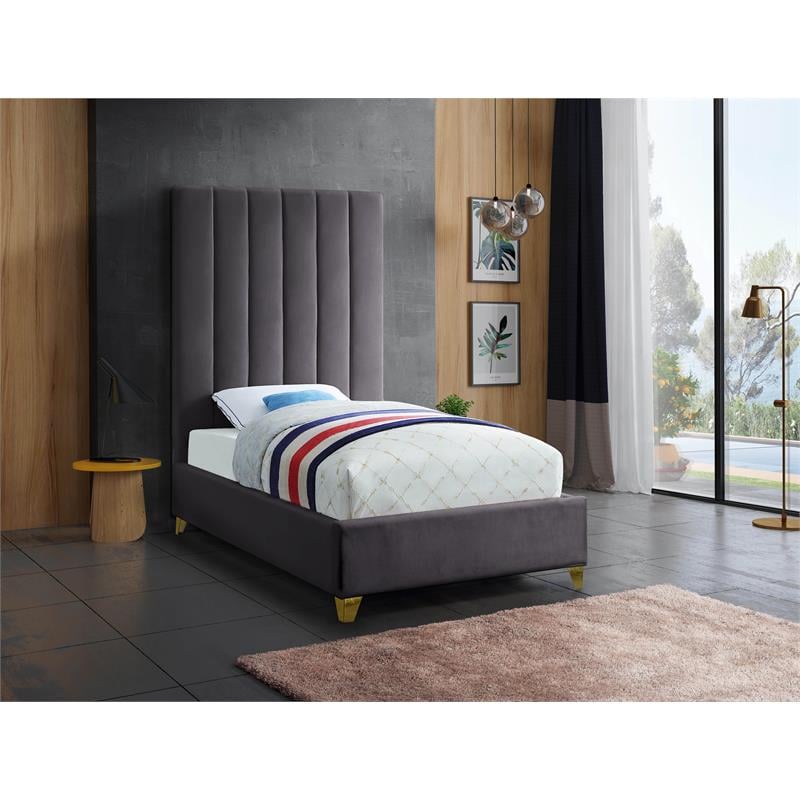 Bowery Hill Contemporary Deep Channel Tufted Rich Velvet Twin Bed in Gray
