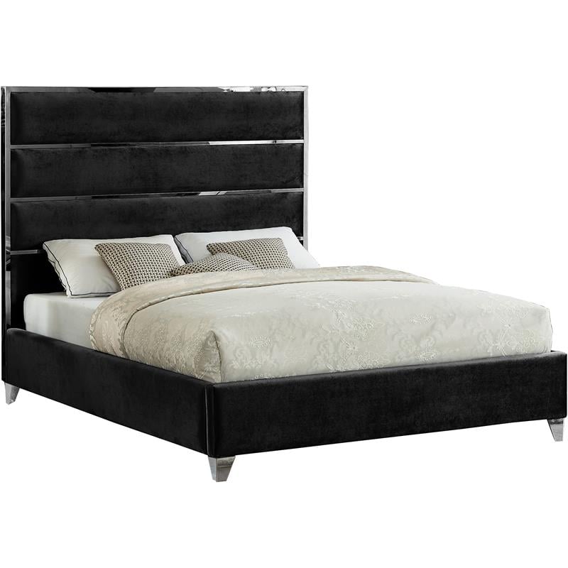 Bowery Hill Contemporary Solid Wood and Rich Velvet Full Bed in Black