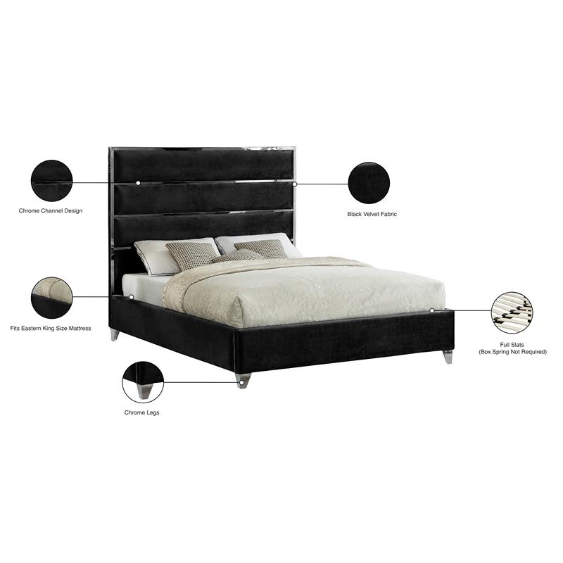 Bowery Hill Contemporary Solid Wood and Rich Velvet King Bed in Black