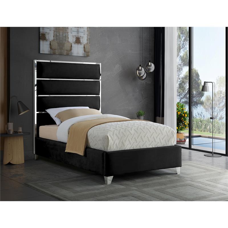 Bowery Hill Contemporary Solid Wood and Rich Velvet Twin Bed in Black