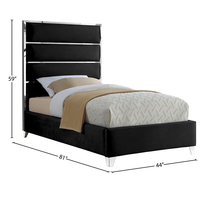 Bowery Hill Contemporary Solid Wood and Rich Velvet Twin Bed in Black