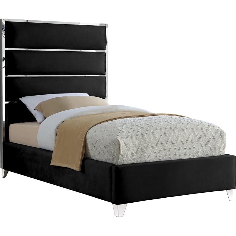 Bowery Hill Contemporary Solid Wood and Rich Velvet Twin Bed in Black