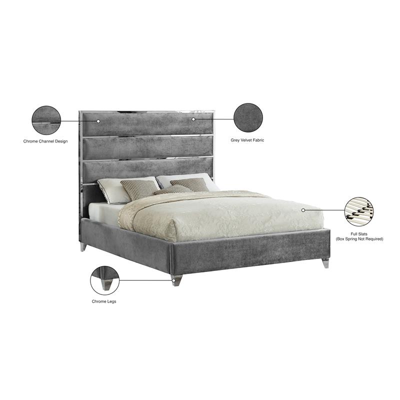 Bowery Hill Contemporary Solid Wood and Rich Velvet Queen Bed in Gray